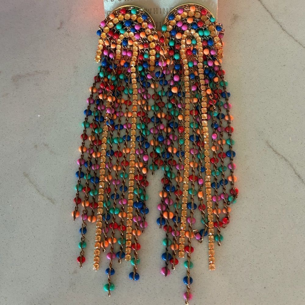 NWT ANTHROPOLOGIE Crystal Crescent 14k Gold Plated Dangle Earrings Multicolor